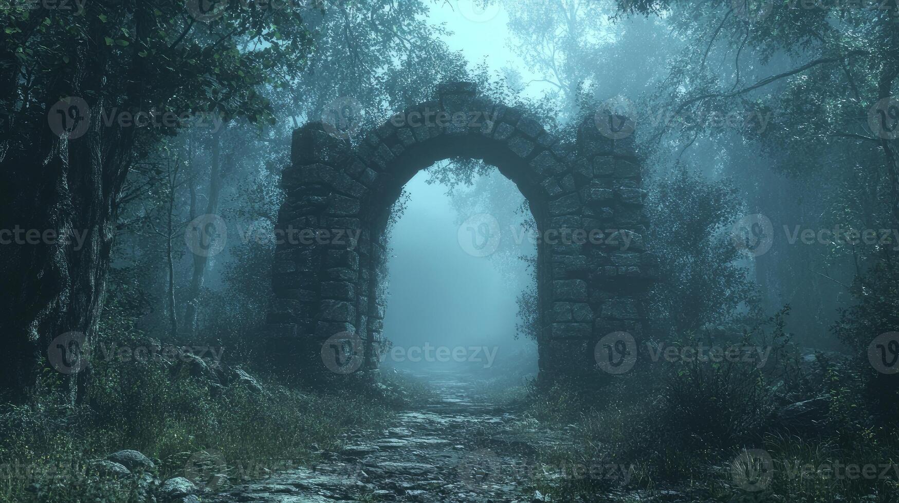 Stone archway leading into foggy forest path photo