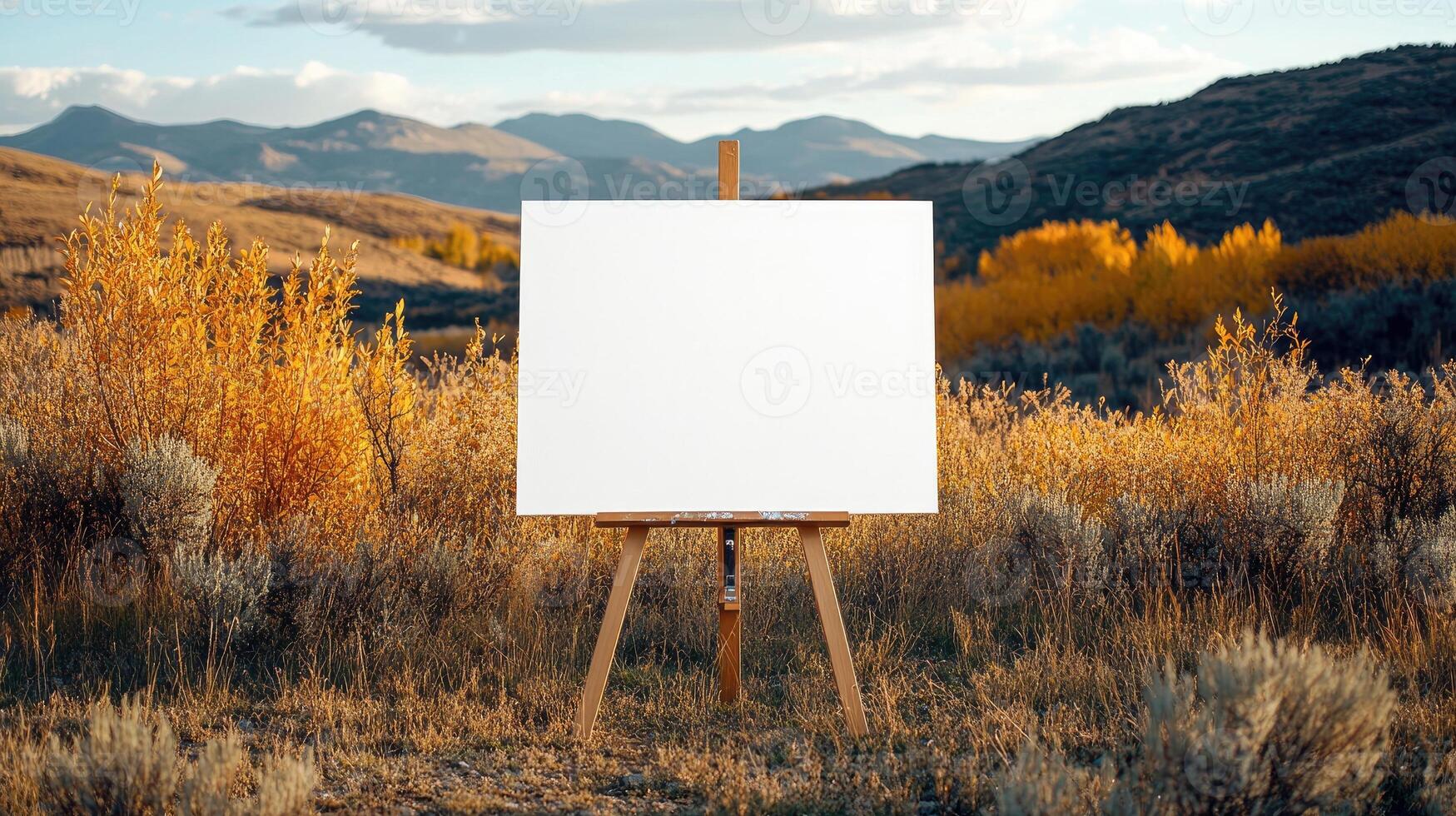 Blank canvas on easel in beautiful autumn mountain landscape painting scenery photo