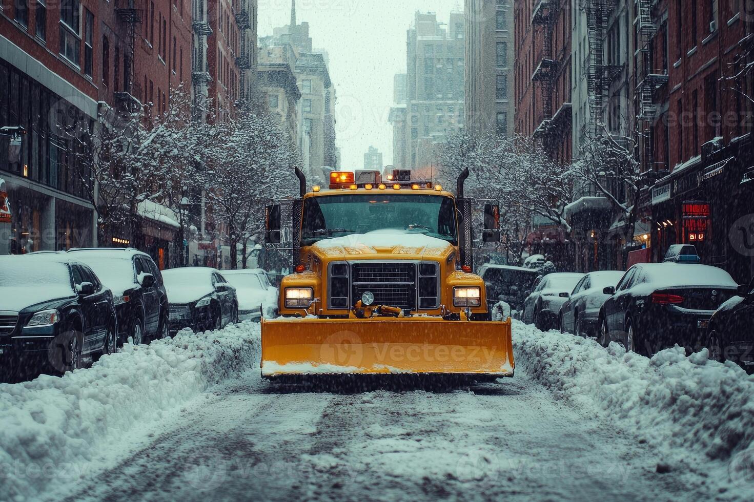 Snowplow truck removing snow on a city street during snowfall photo