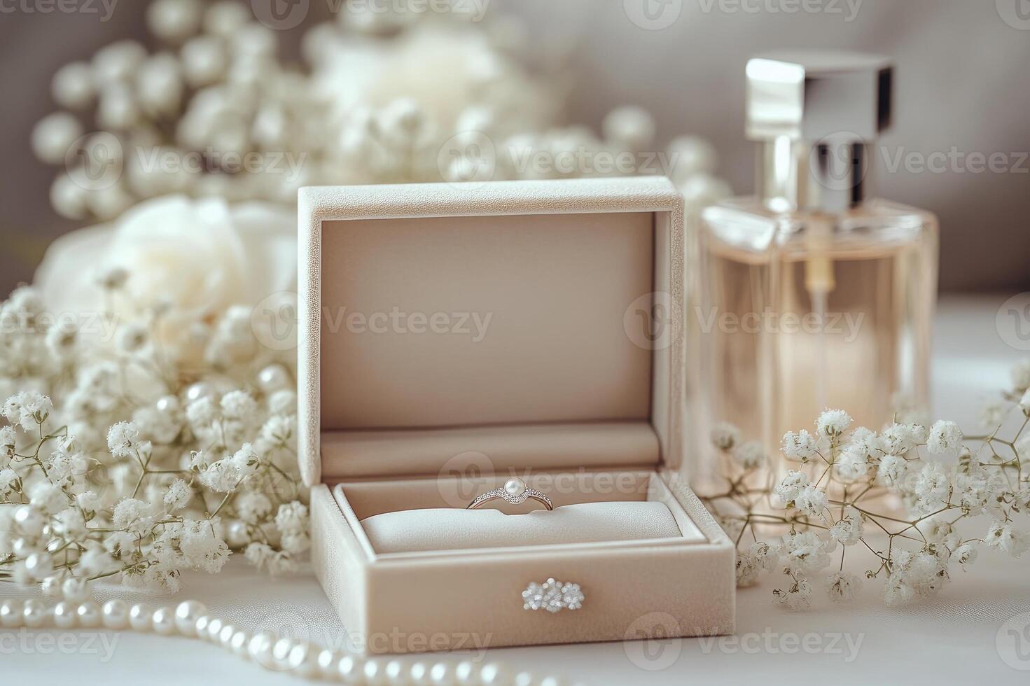 Elegant pearl ring in jewelry box with baby's breath flowers and pearl necklace photo