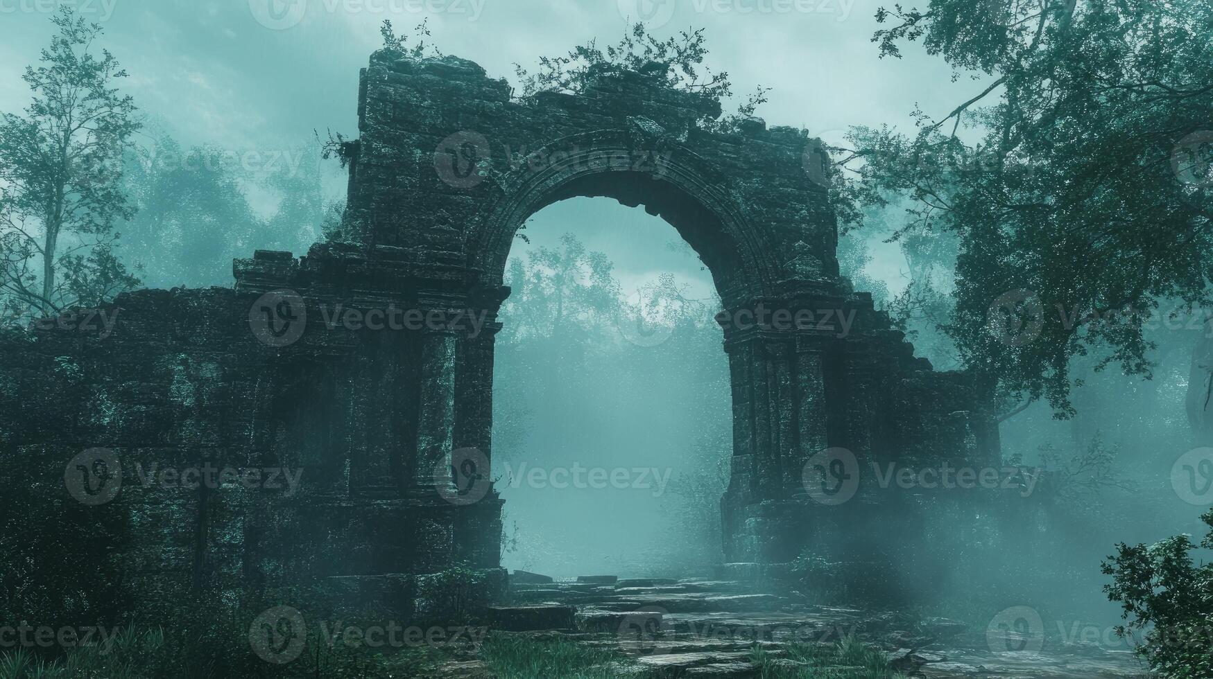 Ancient archway emerging from fog in mystical forest photo