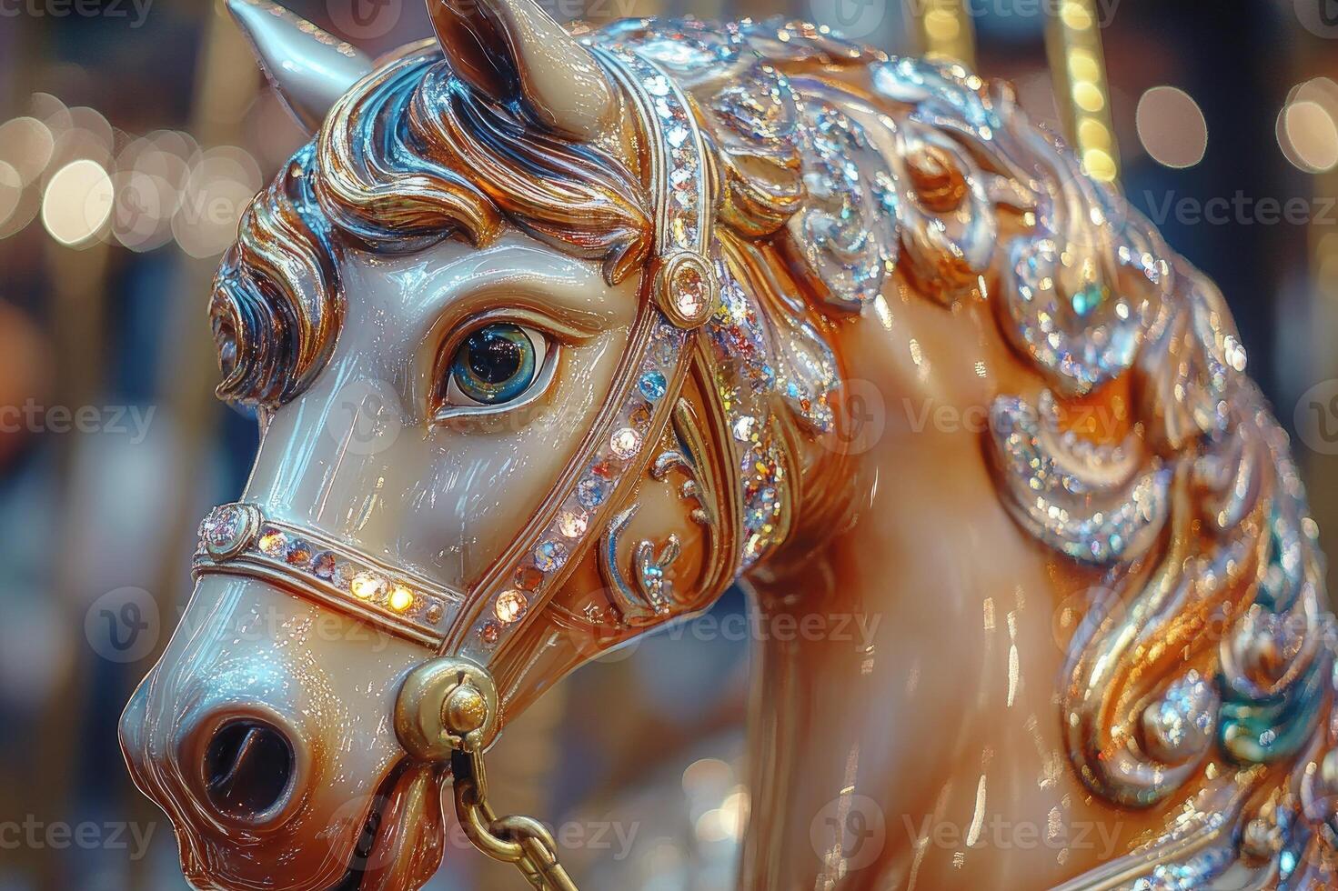 Close up of ornate carousel horse shining in amusement park photo