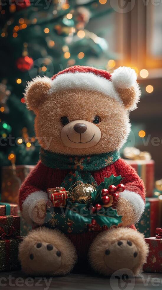 Cute teddy bear holding christmas gift in front of christmas tree photo