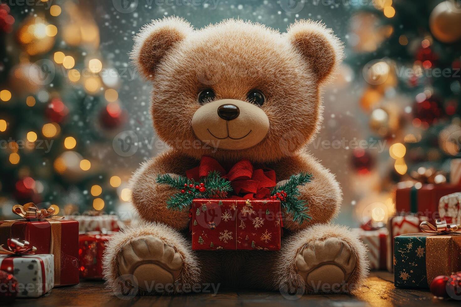 Cute teddy bear holding christmas gifts under christmas tree photo