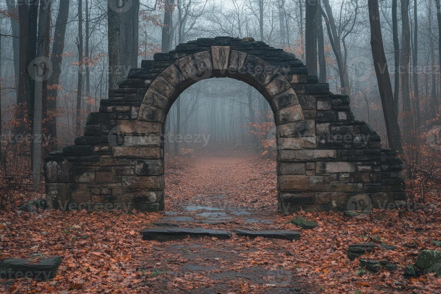 Stone archway with steps leading into foggy forest in autumn photo