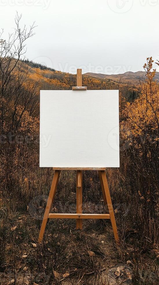 Blank canvas on wooden easel in beautiful autumn landscape inspiring creativity photo