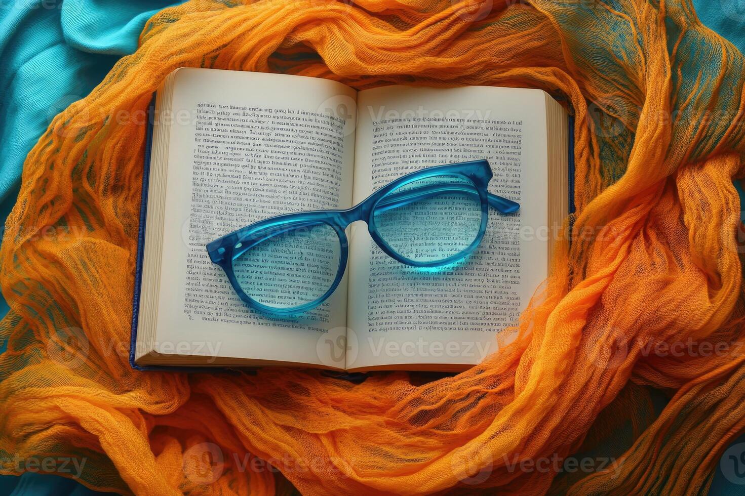 Open book with blue glasses, tropical leaves, and orange scarf on blue background photo