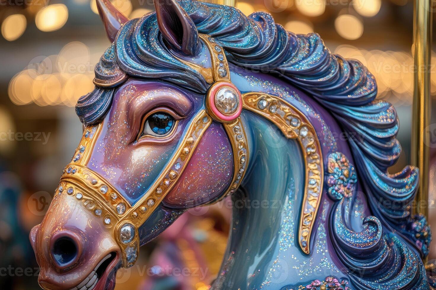 Glittering carousel horse shining under amusement park lights photo