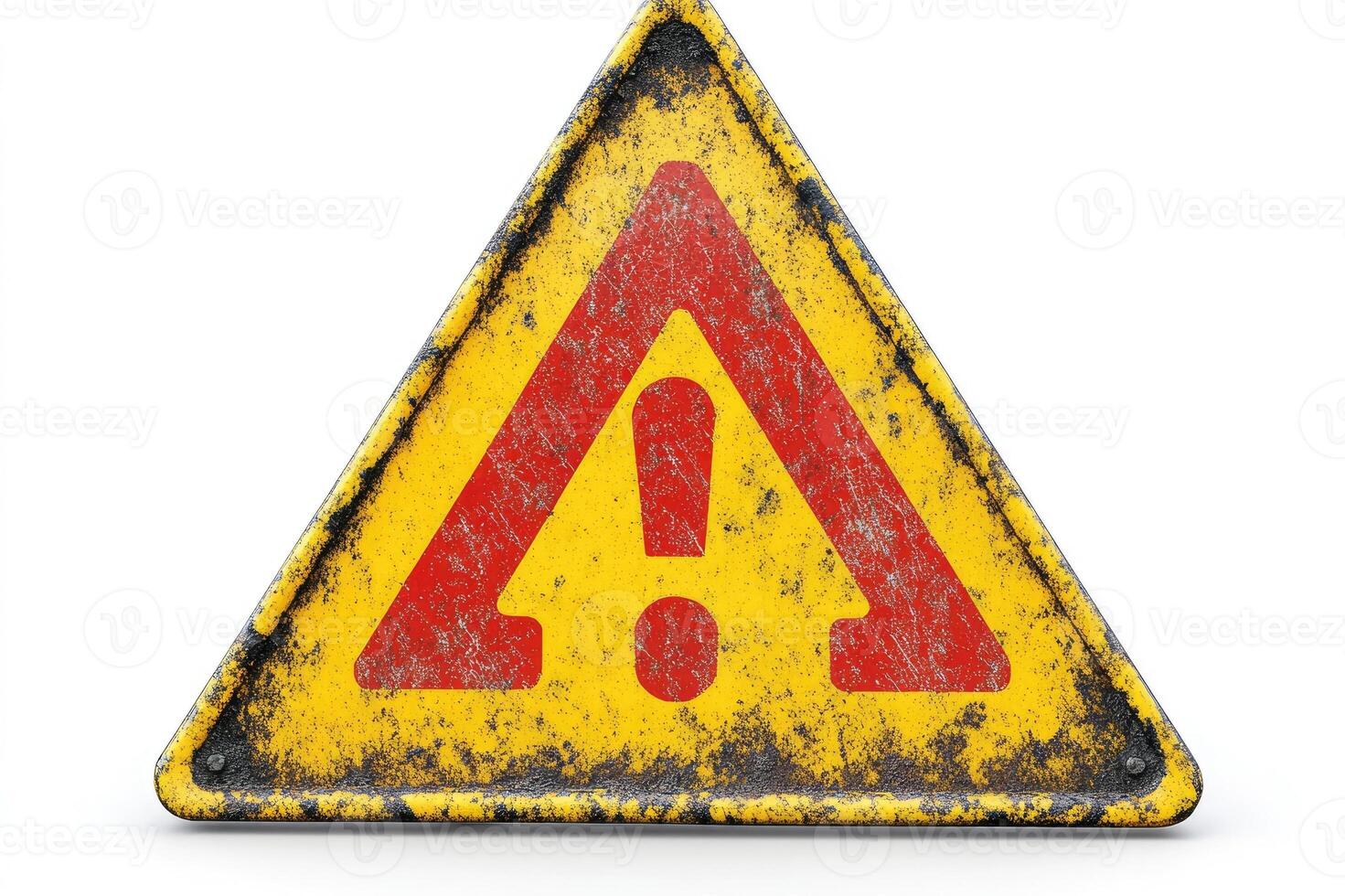 Grungy yellow and red warning sign showing caution photo