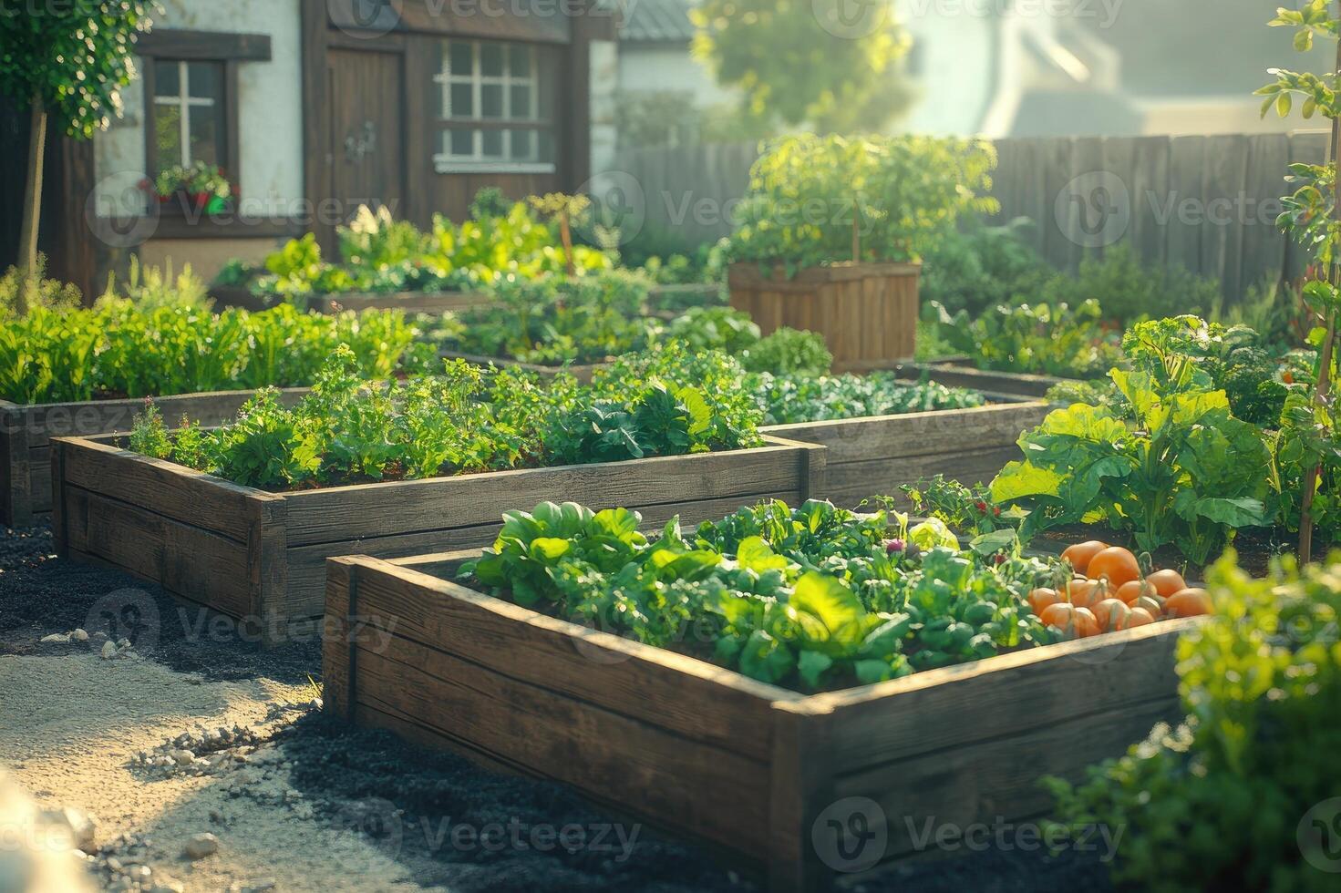 Wooden raised garden beds growing vegetables in backyard photo