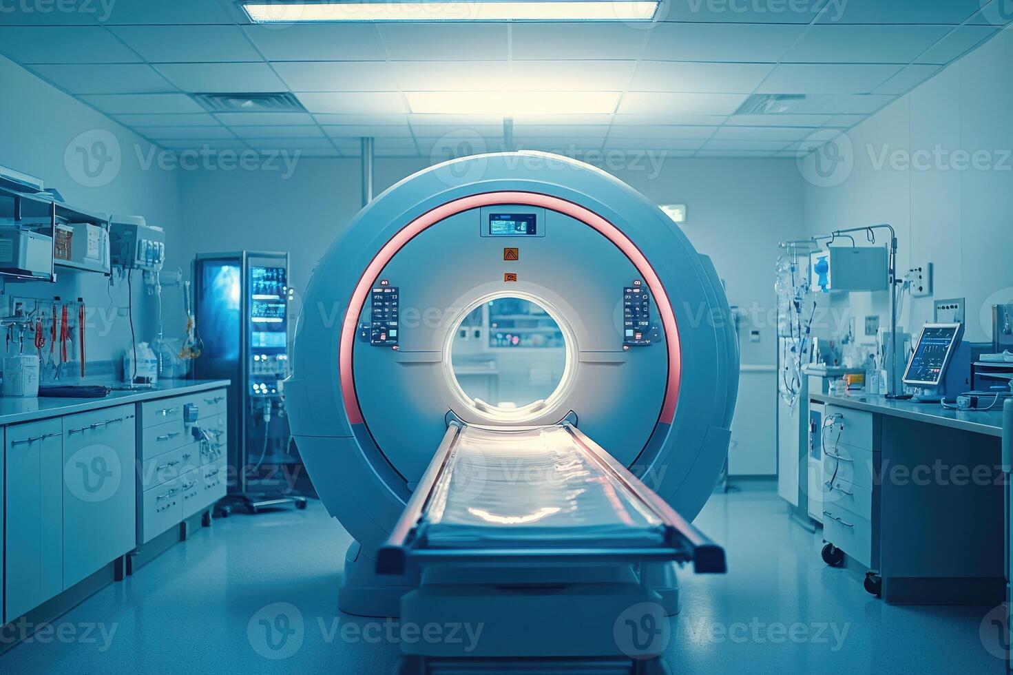 Modern mri scanner in empty hospital room with turquoise lighting photo