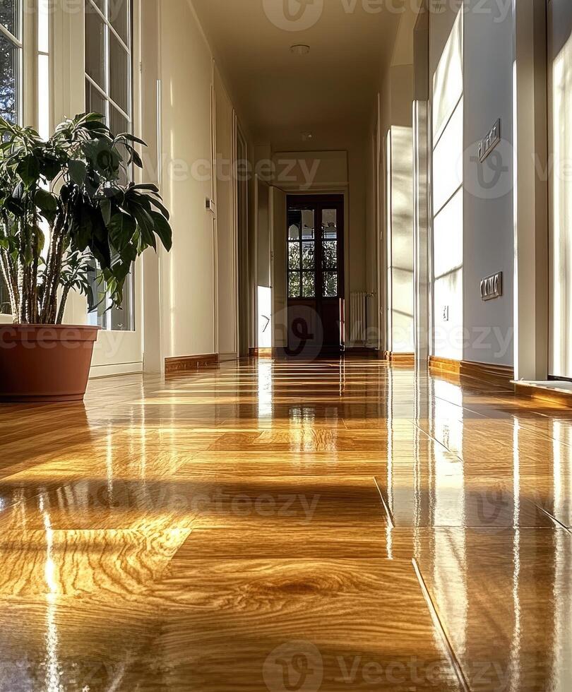 Sunlight illuminating empty corridor with polished parquet floor photo