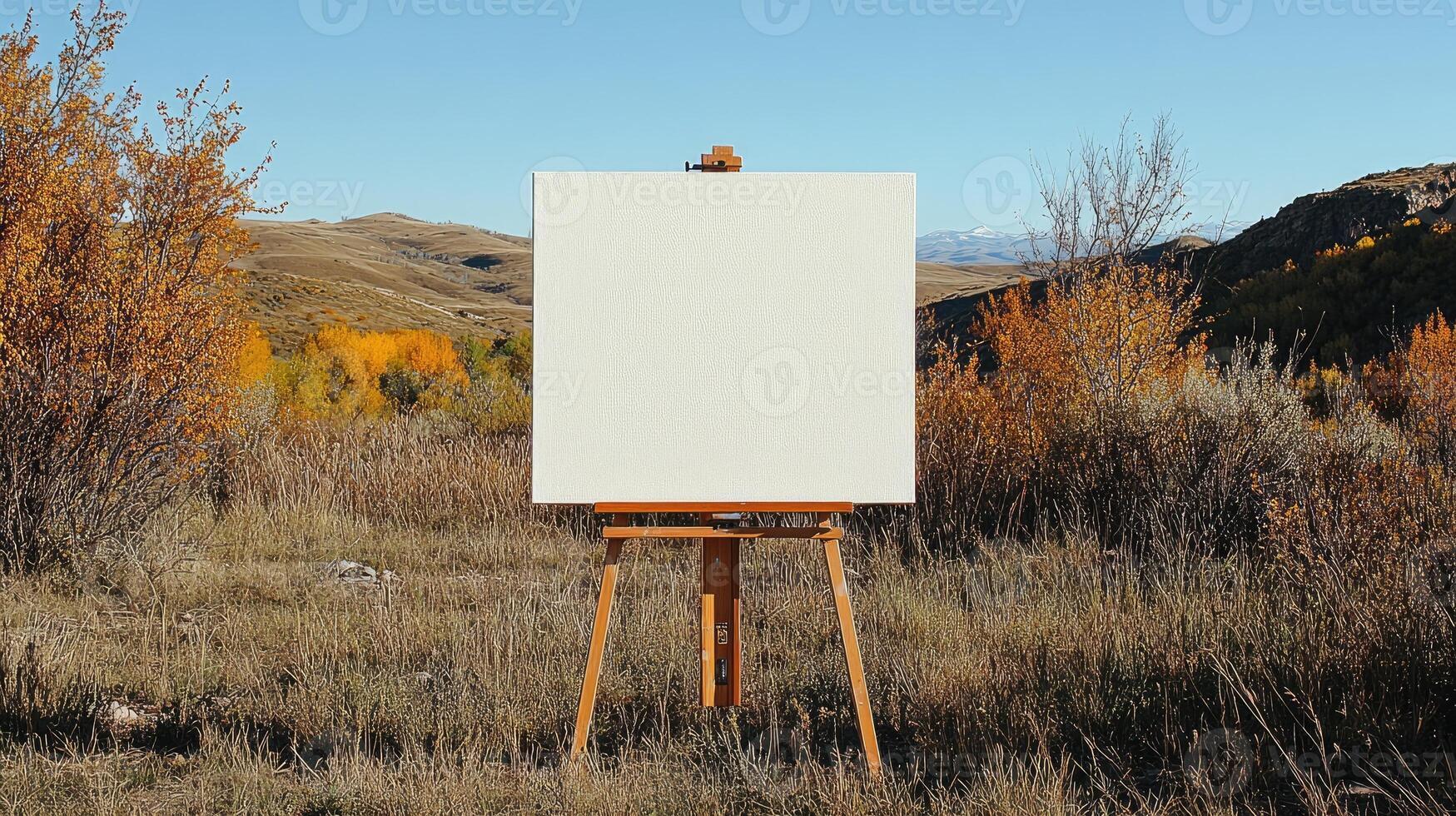 Wooden easel with blank canvas in beautiful autumn landscape inspiring creativity photo