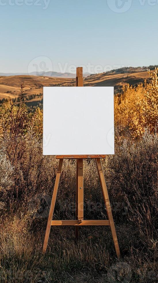 Blank canvas on wooden easel in beautiful autumn landscape inspiring creativity photo