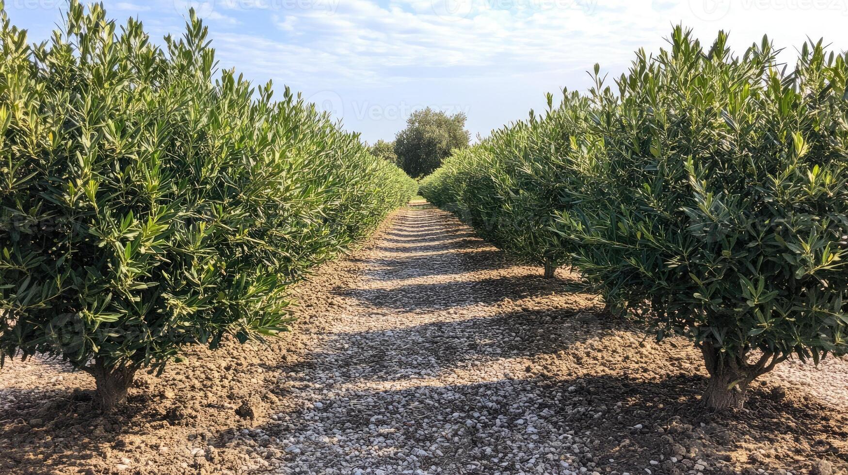 Olive tree saplings growing in cultivated rows in an orchard photo