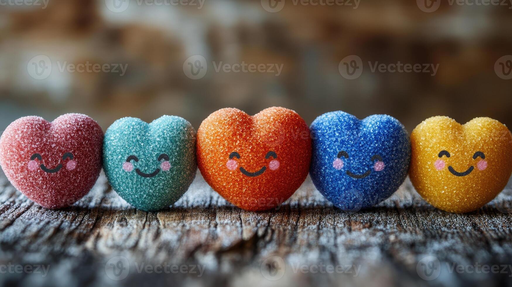Five colorful glitter hearts smiling on wooden background photo