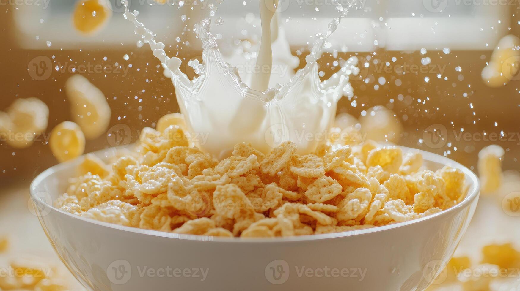 Milk pouring into bowl of cereal creating splash and flying cornflakes photo