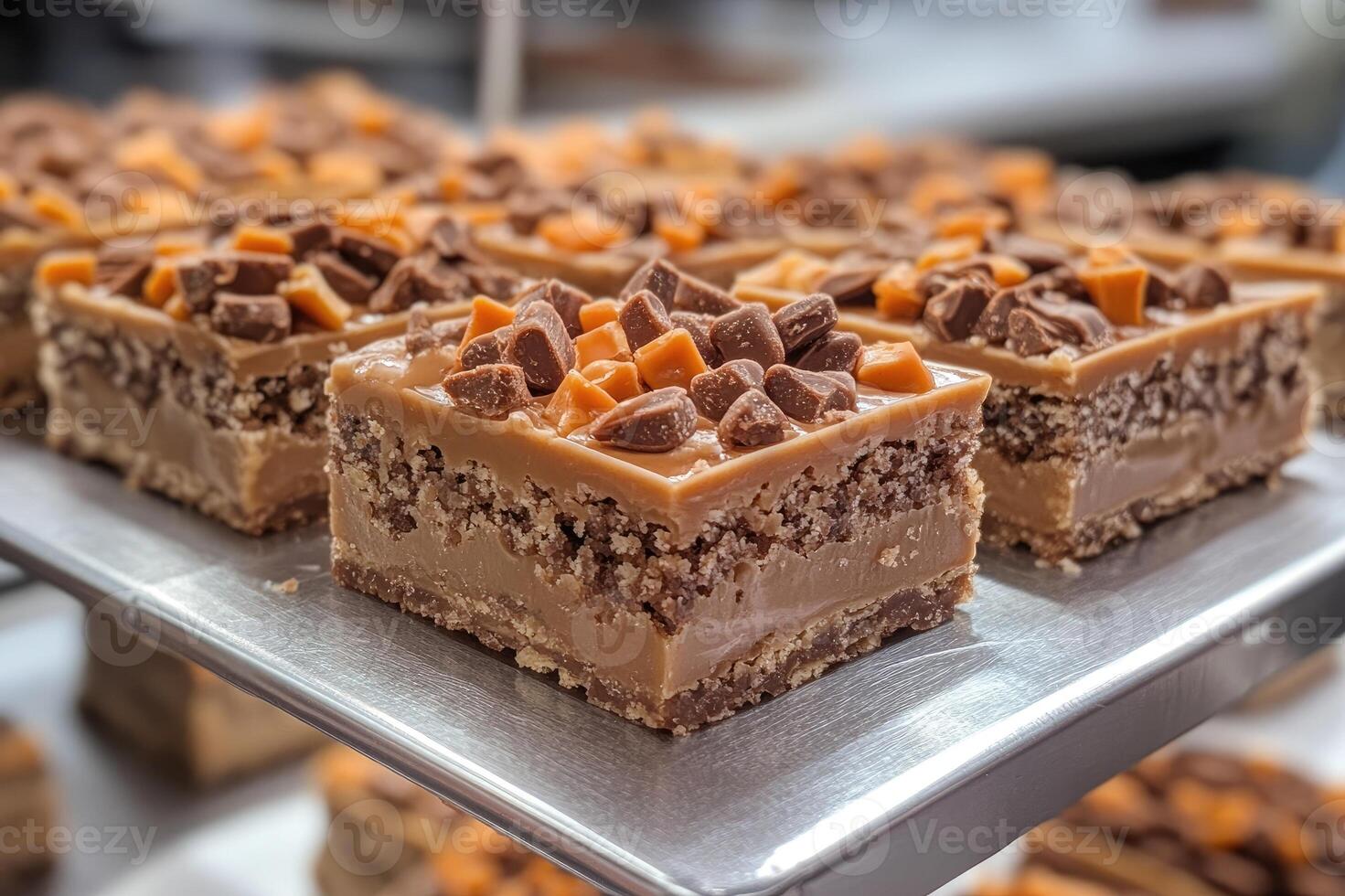 Delicious caramel shortbread squares topped with crunchy brittle and sea salt photo