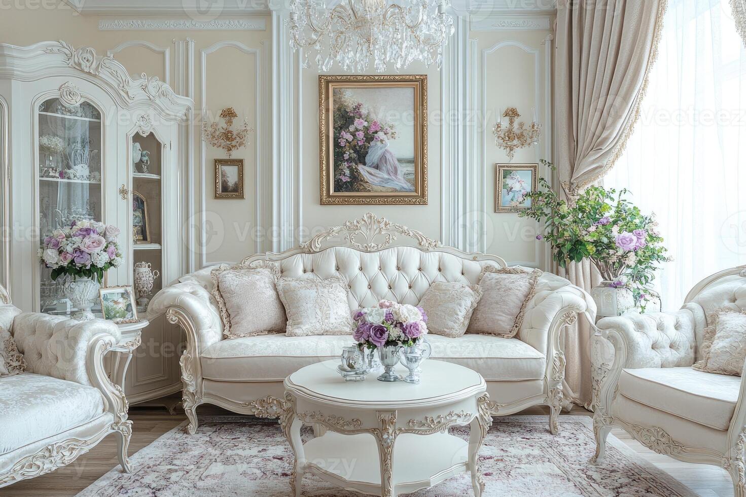 Luxurious rococo living room with elegant sofa and armchairs photo
