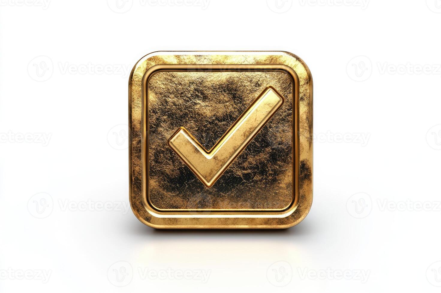 Golden check mark showing approval and success on white background photo