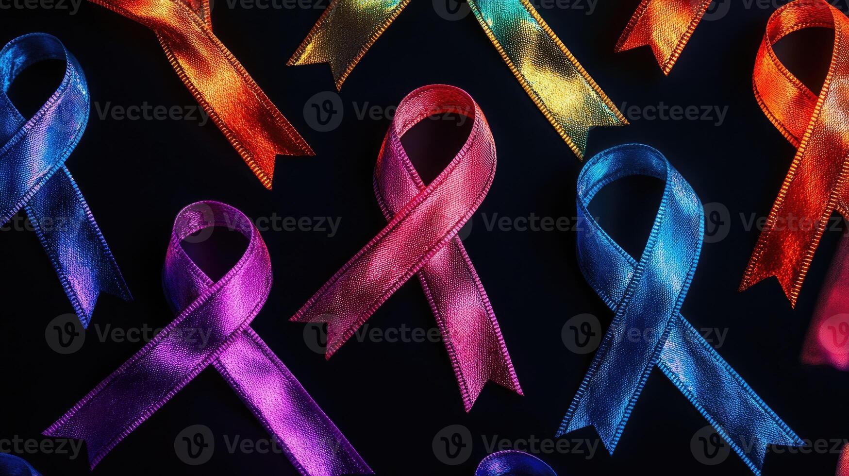 Colorful awareness ribbons representing different causes on black background photo