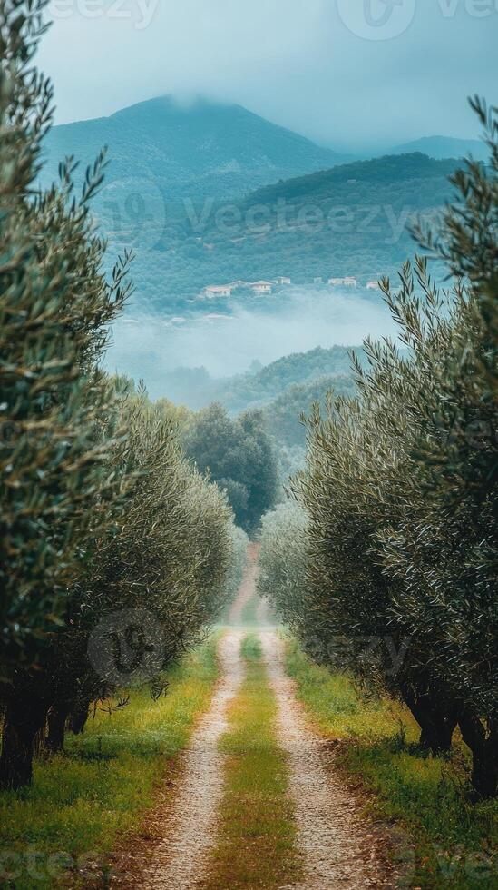 Gravel path through olive trees orchard bathed in golden sunlight photo