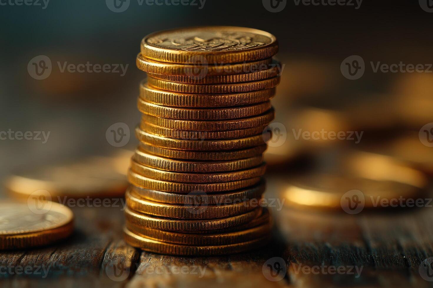 Gold coins stacked on wooden table representing savings and investment photo
