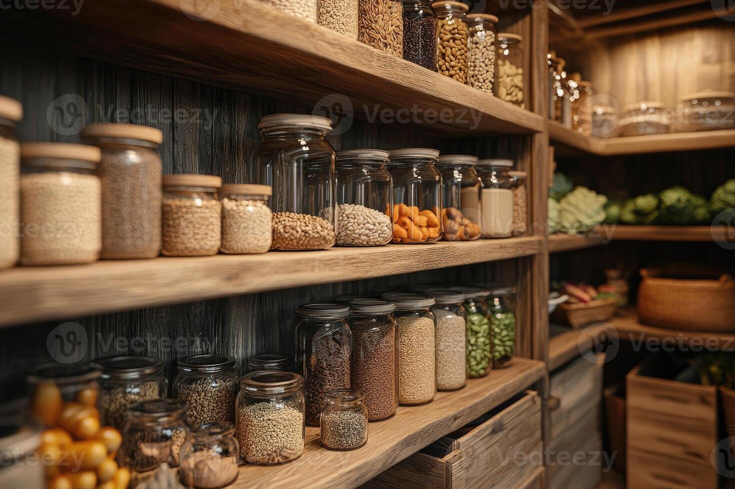 Various grains and vegetables stored in rustic pantry room photo