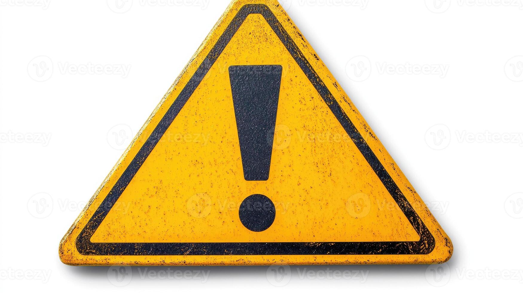 Yellow warning sign with exclamation point on white background photo