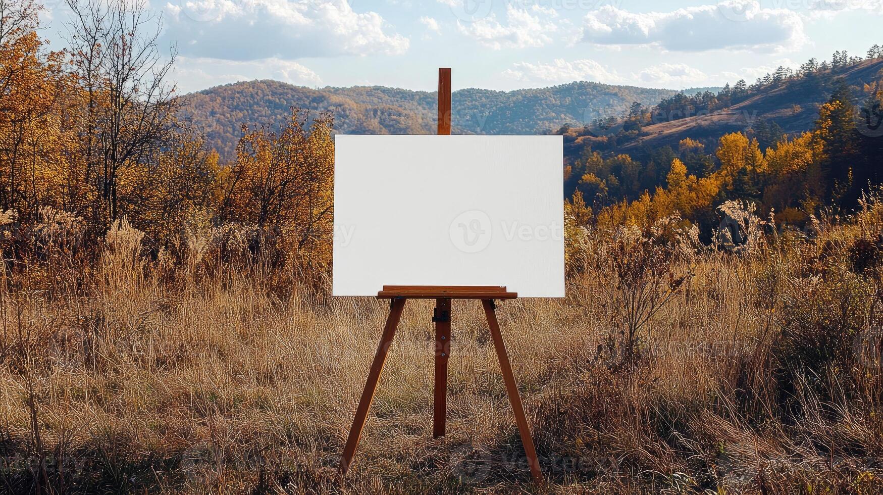 Wooden easel with blank canvas in beautiful autumn landscape inspiring creativity photo