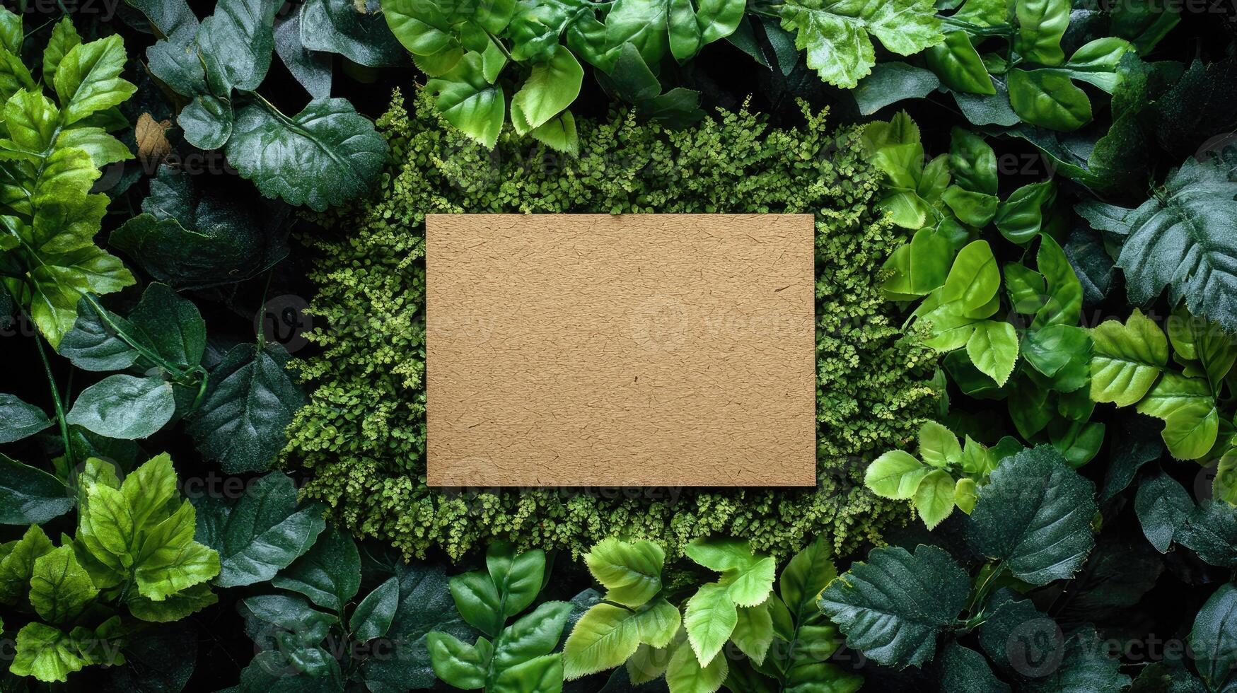 Blank card emerging from lush green foliage and moss photo