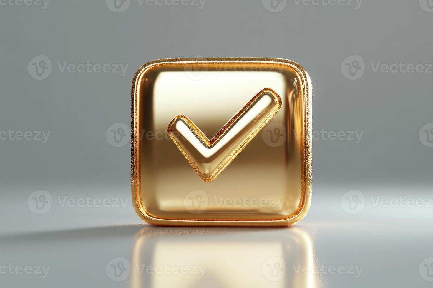 Golden check mark showing approval and success on white background photo