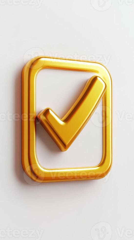 Shiny gold check mark symbol floating on reflective surface photo