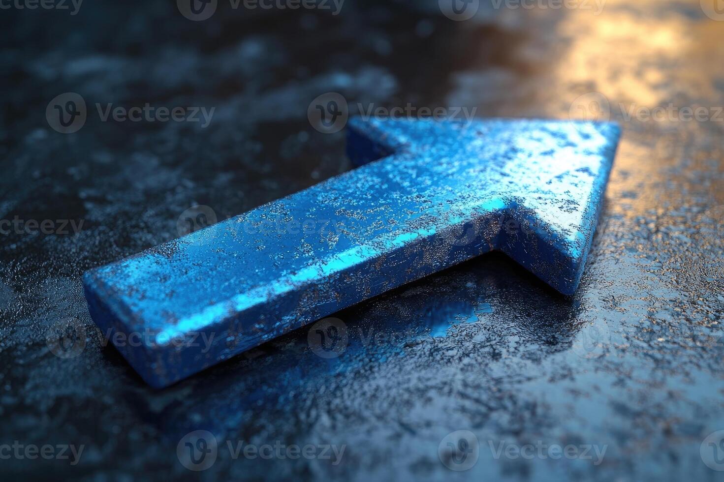 Blue metallic arrow pointing up representing growth on reflective background photo