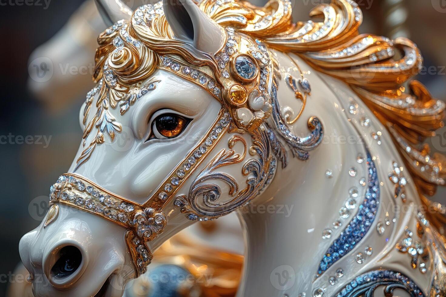 Close up of ornate carousel horse shining in amusement park photo