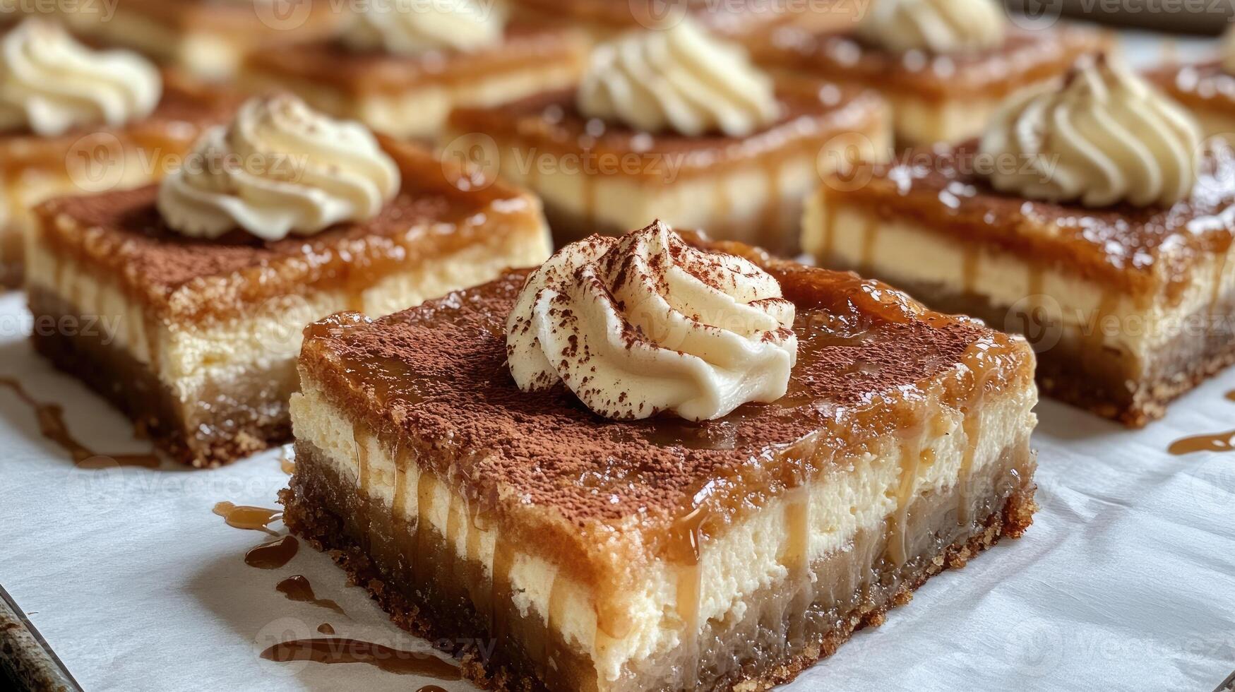 Delicious caramel and cocoa powder cheesecake bars displayed on baking paper photo