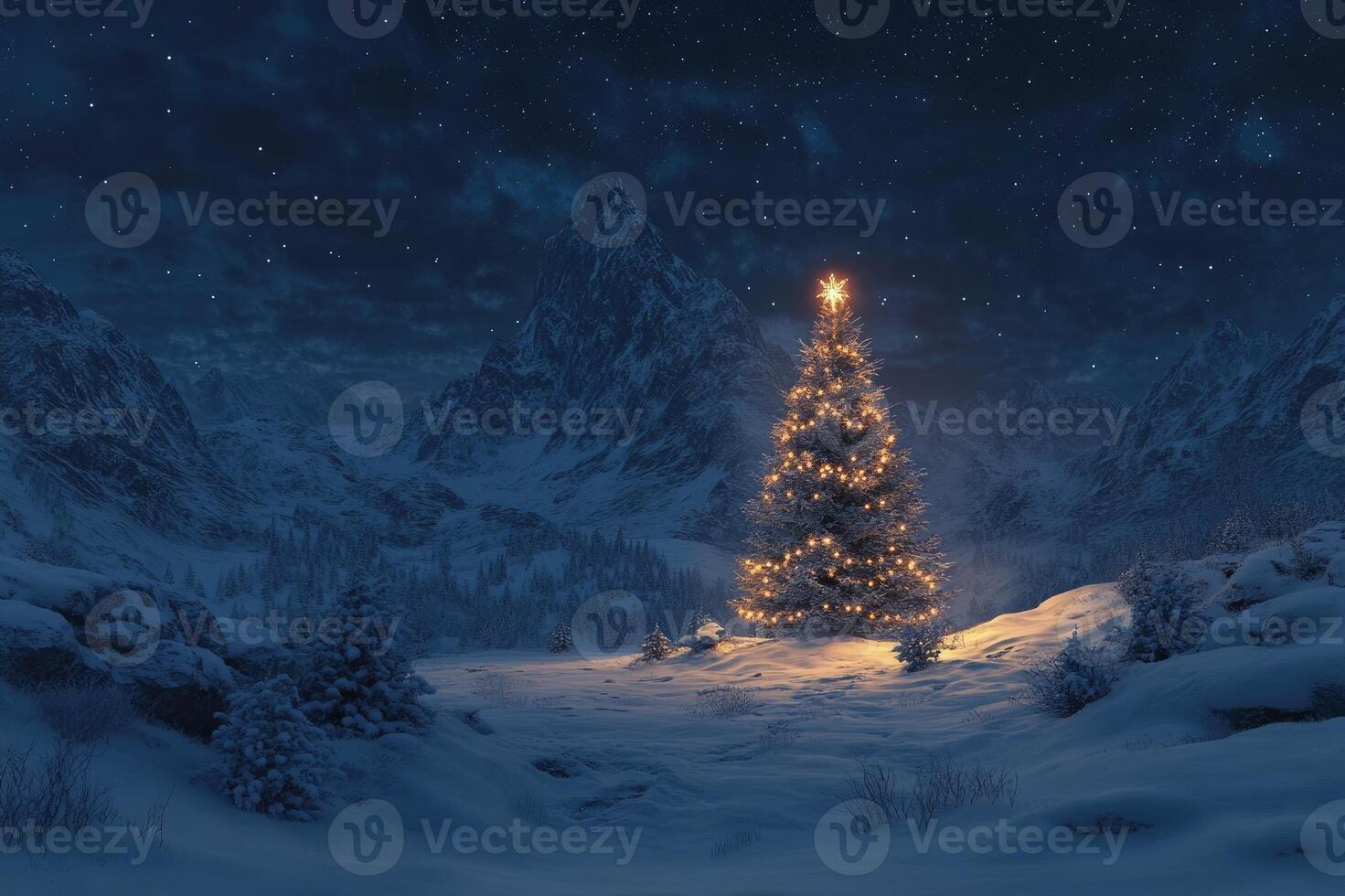 Illuminated christmas tree shining over snowy mountain village at night photo