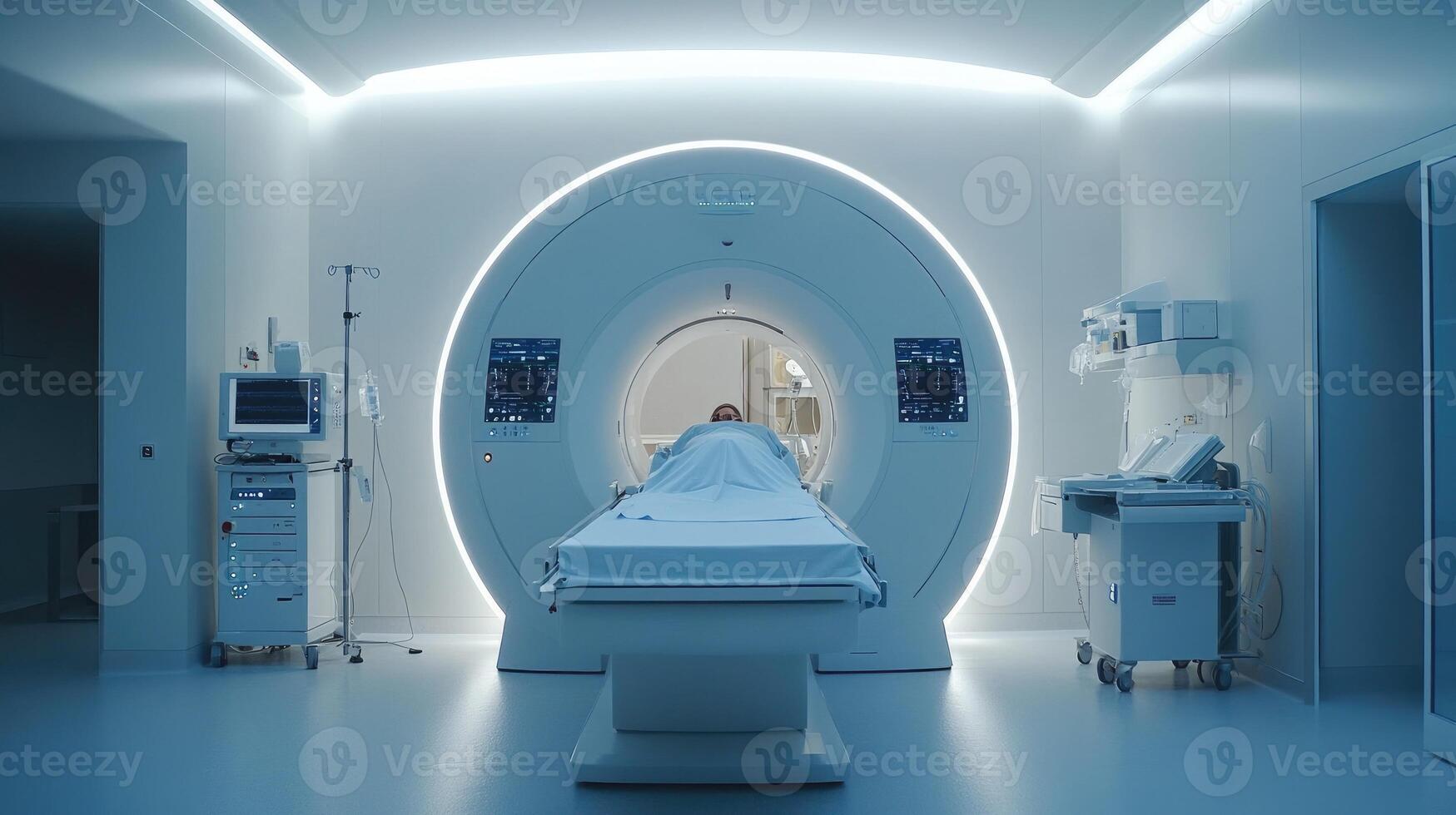 Modern mri scanner machine in hospital room preparing for patient diagnosis photo