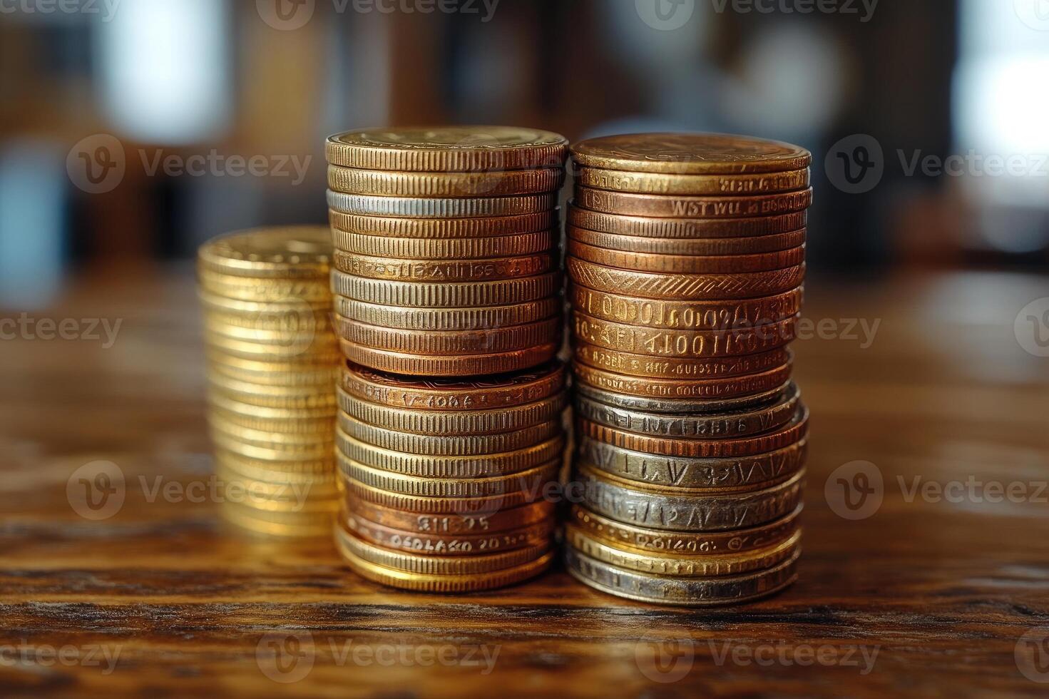 Gold coins stacked on wooden table representing savings and investment photo