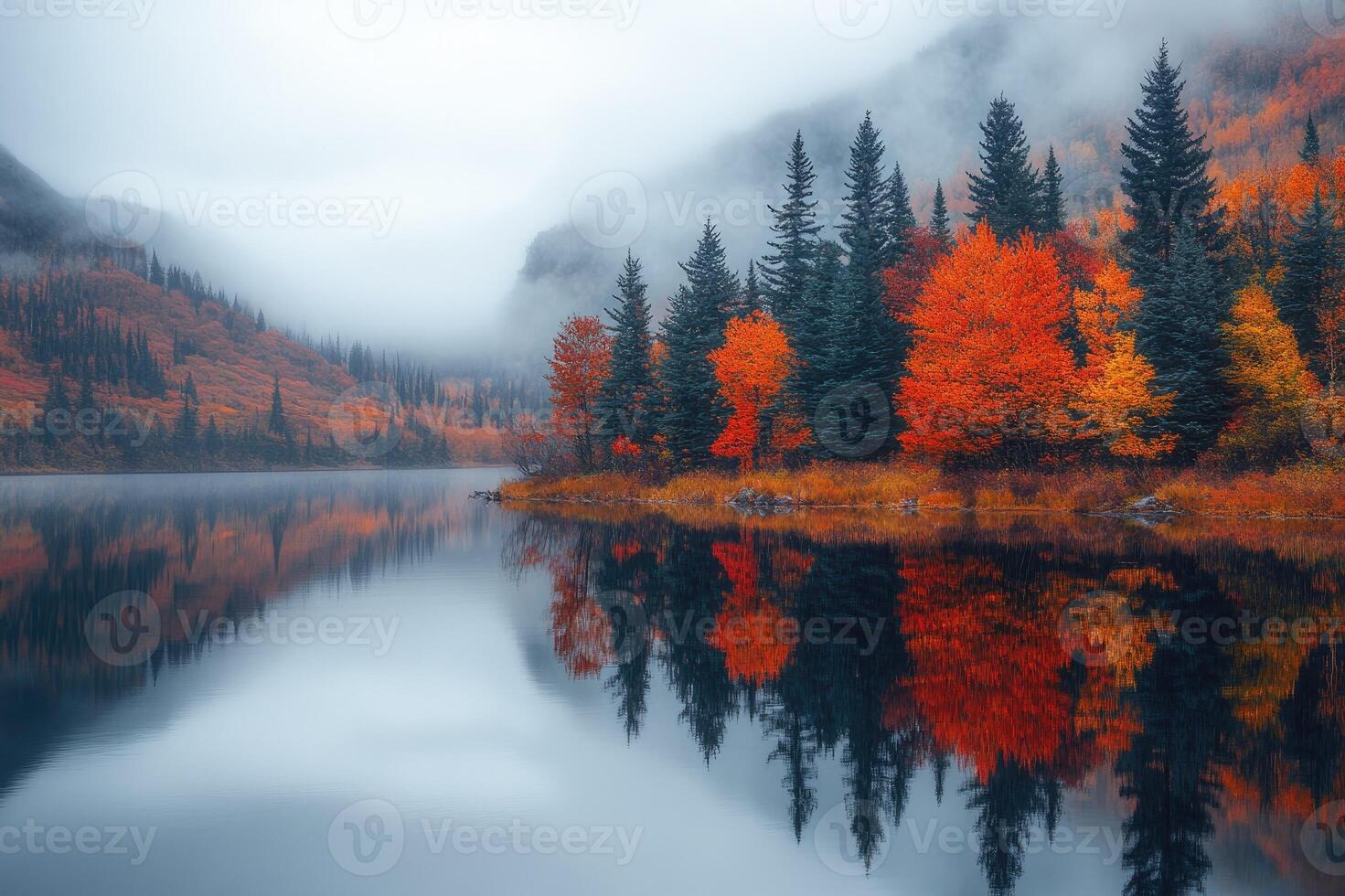 Fog rolling over lake reflecting colorful autumn trees and mountain photo
