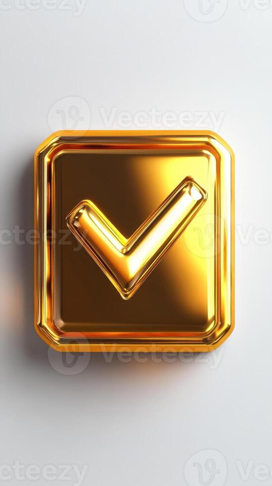 Golden check mark showing approval and success on white background photo