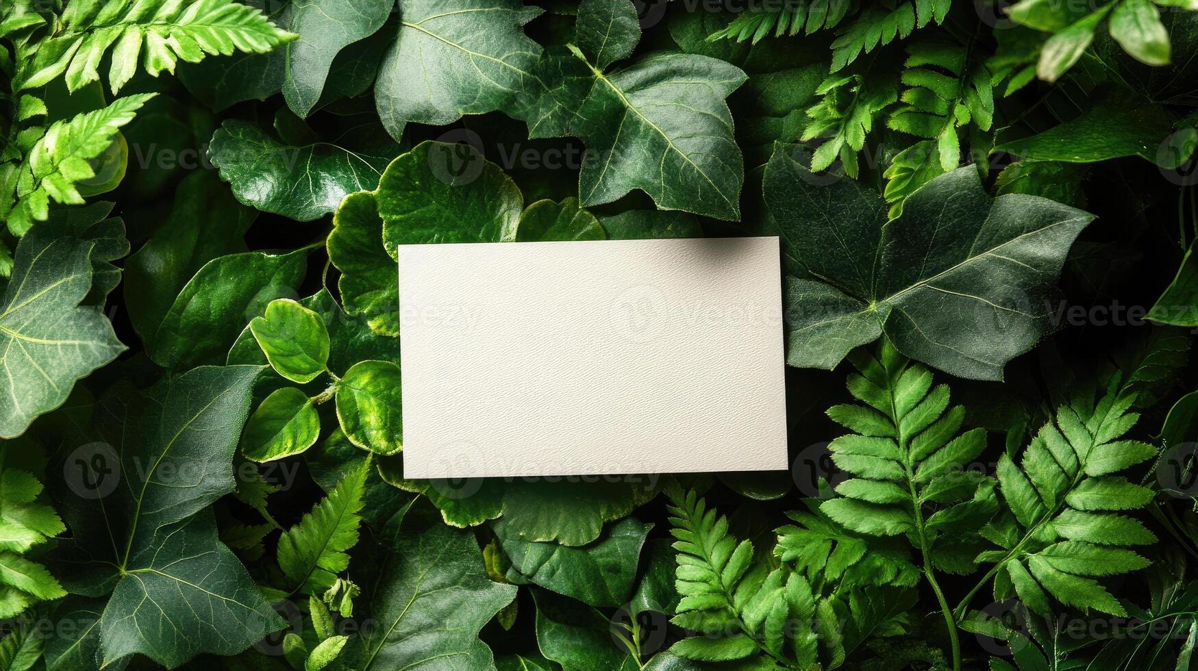 Blank white card hanging on green leaves in nature photo