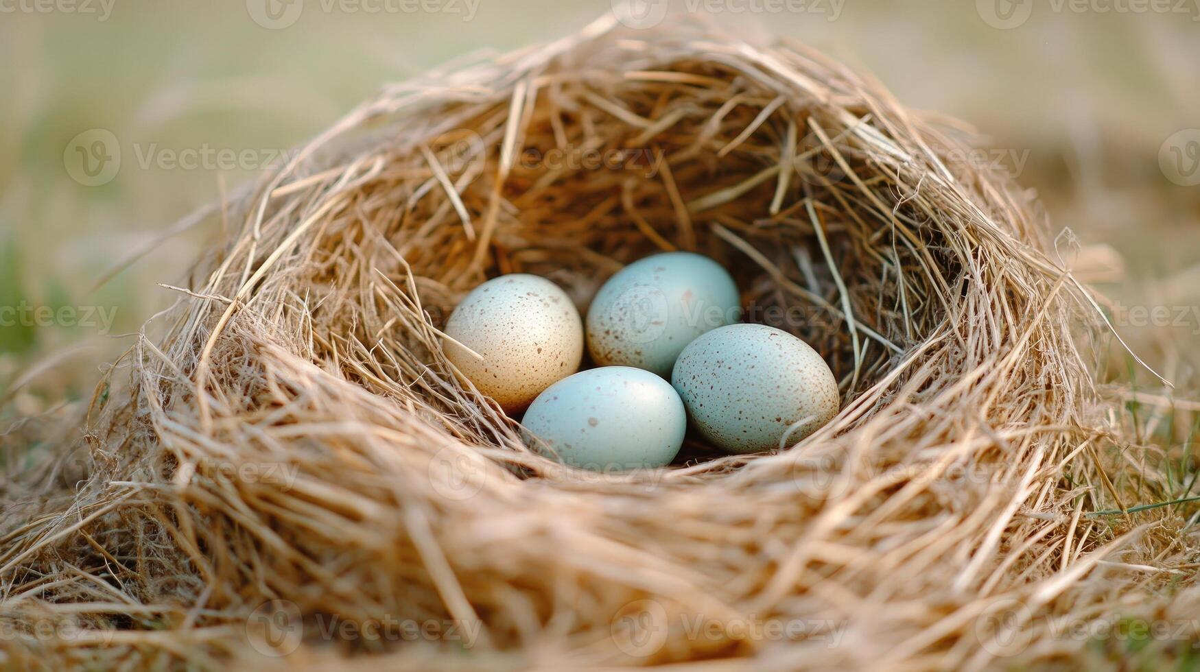 Four colorful wild bird eggs are lying in a nest of dry grass photo