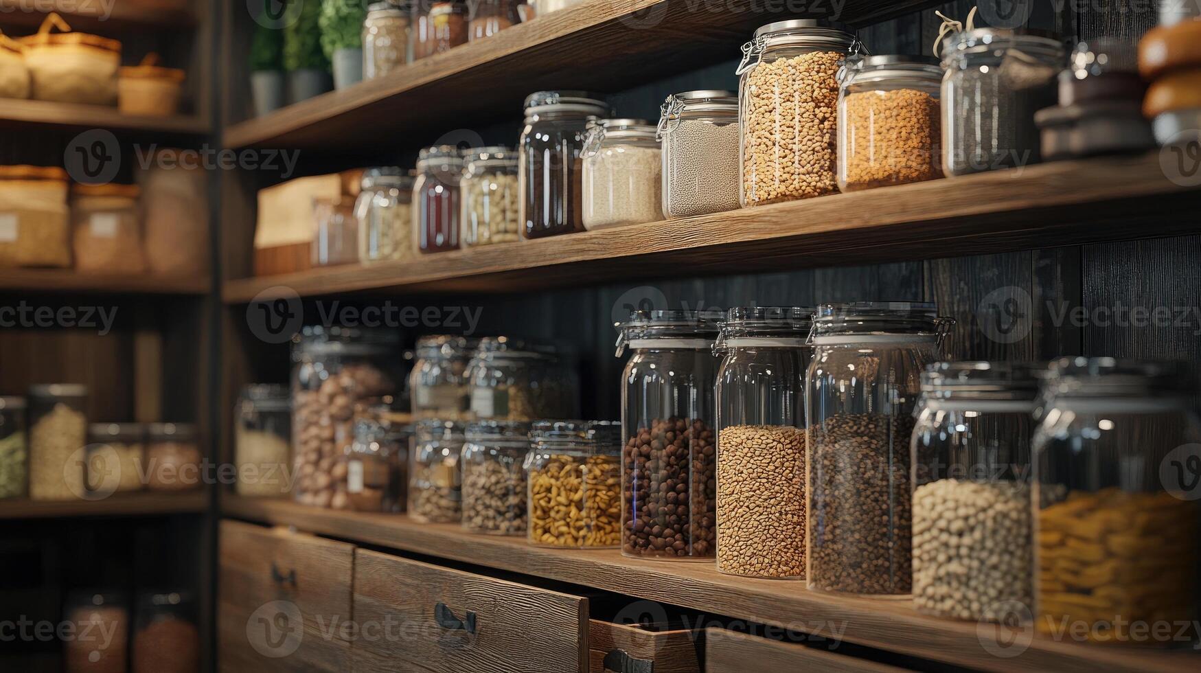 Various grains and vegetables stored in rustic pantry room photo