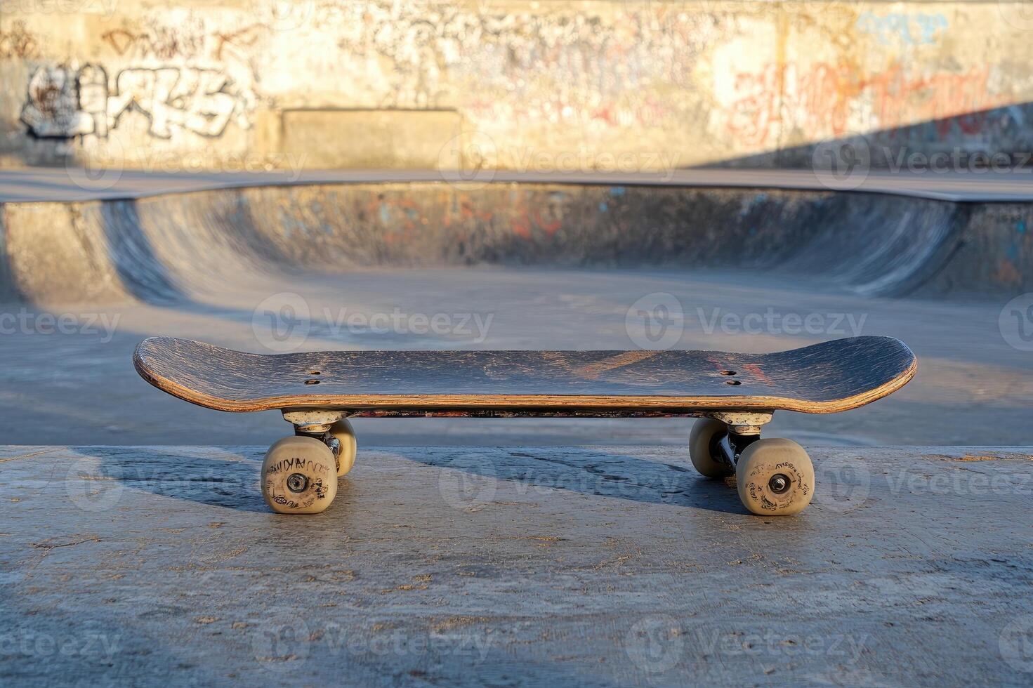 Skateboard resting on edge of empty concrete skatepark bowl with graffiti background photo