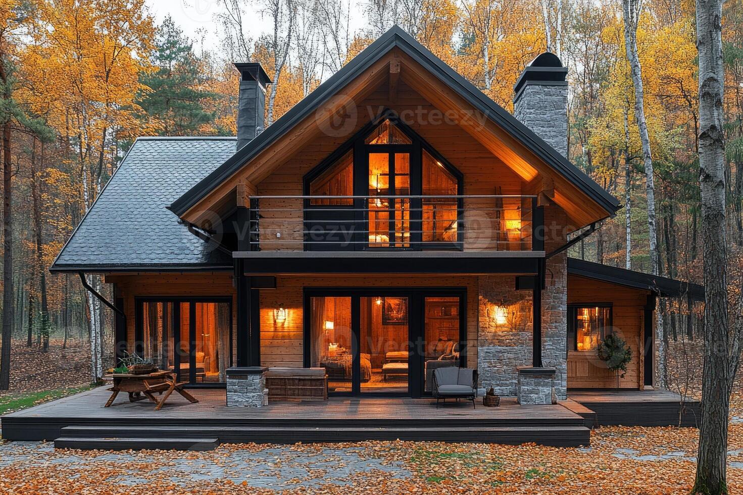 Cozy wooden chalet nestled in autumn forest at dusk photo