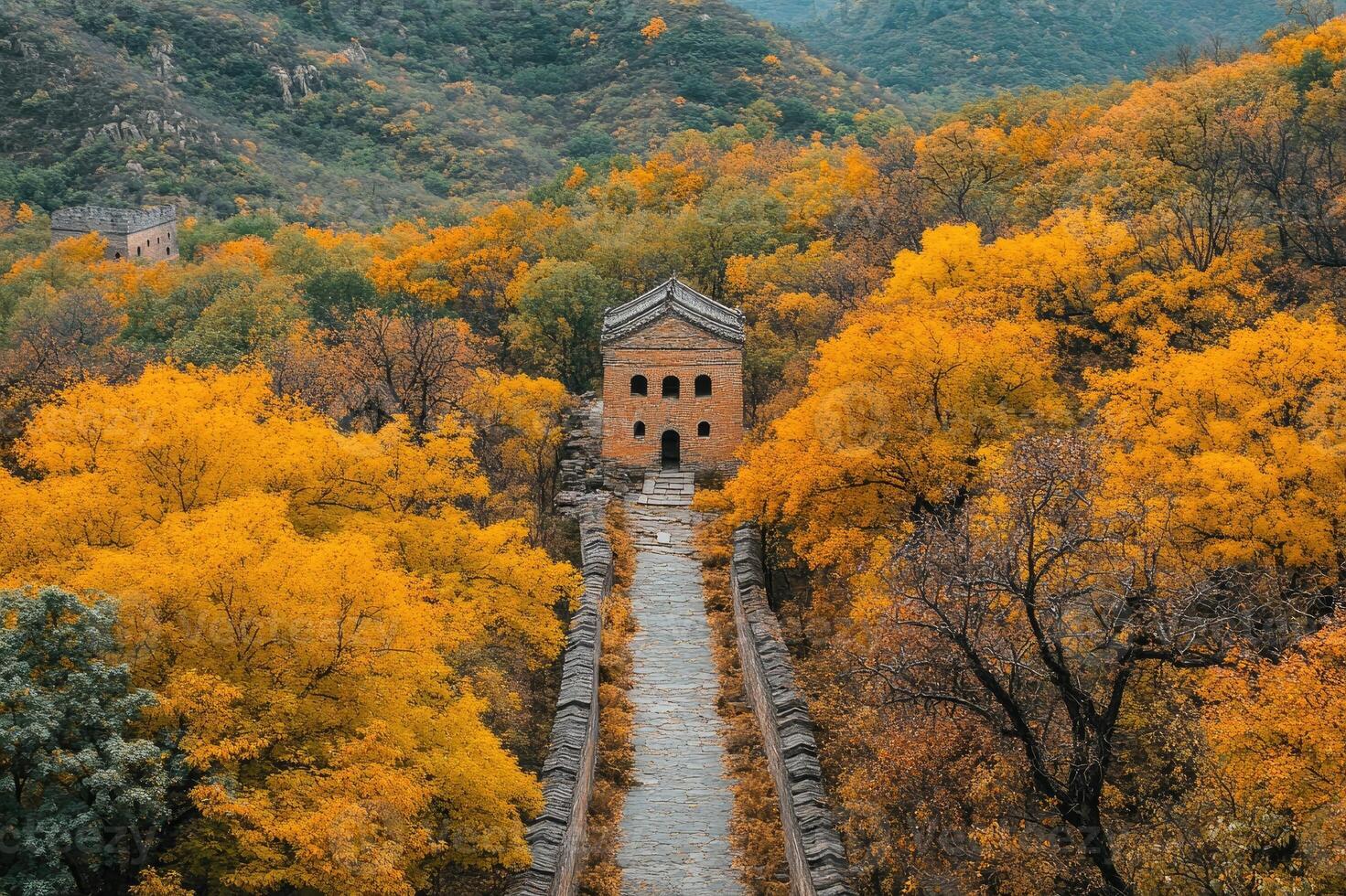 Great wall of china winding through autumn foliage photo