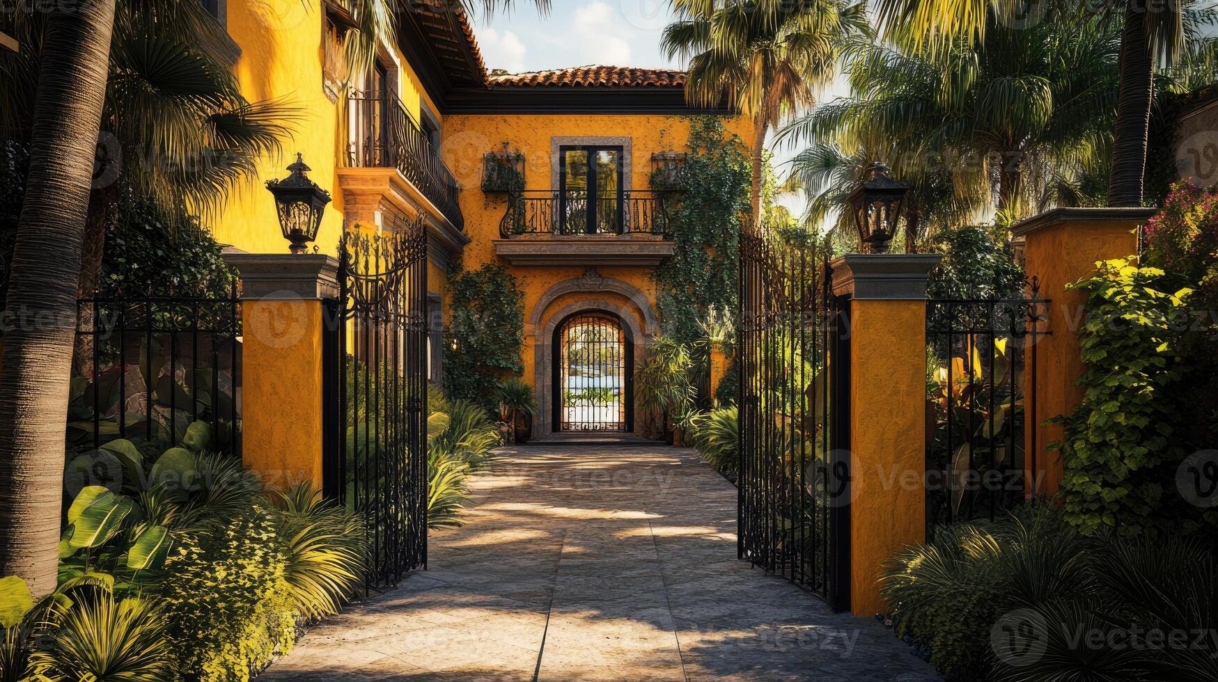 Luxurious hacienda inviting guests through open gates on a sunny day photo