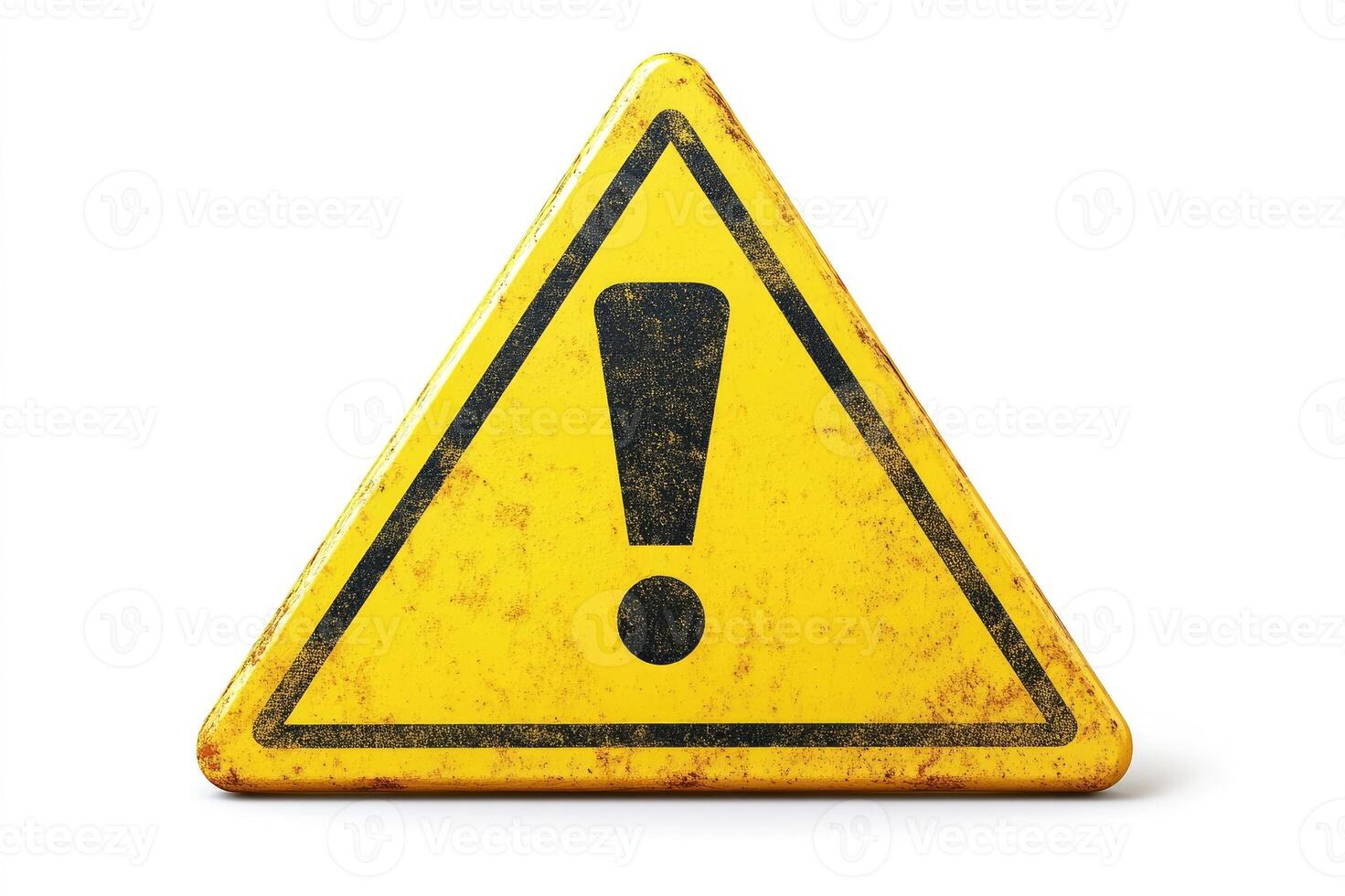 Grungy yellow warning sign showing an exclamation mark on white background photo