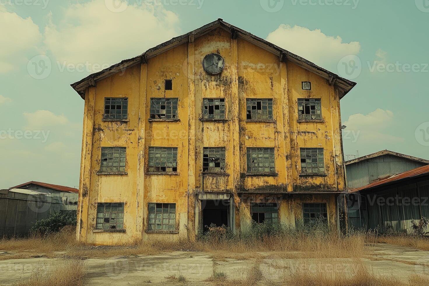 Abandoned yellow factory building decaying under cloudy sky photo